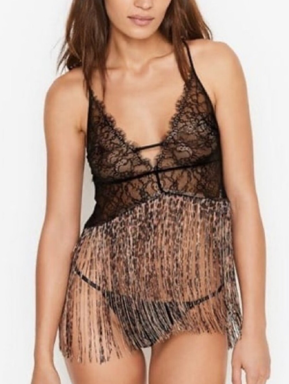 Victoria's Secret Black Lace Babydoll Slip with Fringe Trim Size Large NWT